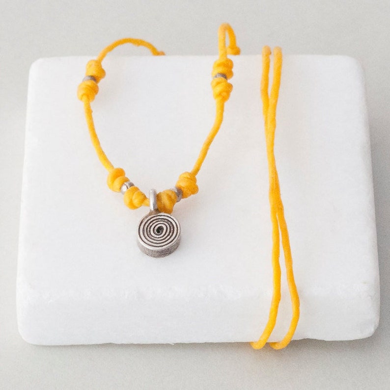 Sterling Silver Spiral Charm on Thin Yellow Thread Dainty Necklace, Minimalist Necklace for Men and Women image 1