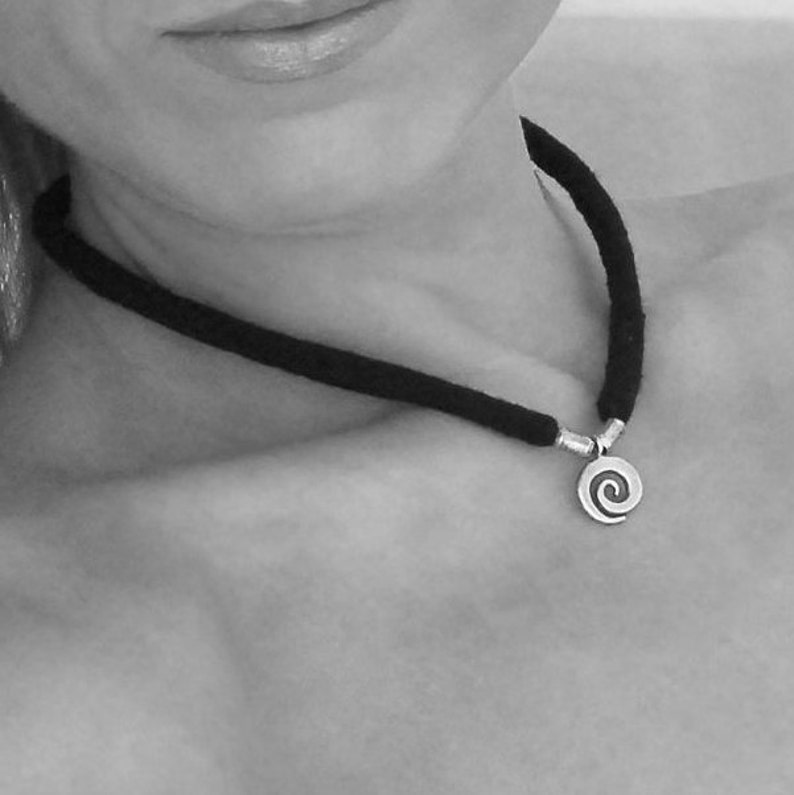 Black Necklace With Sterling Silver Spiral Pendant Unisex Etsy
