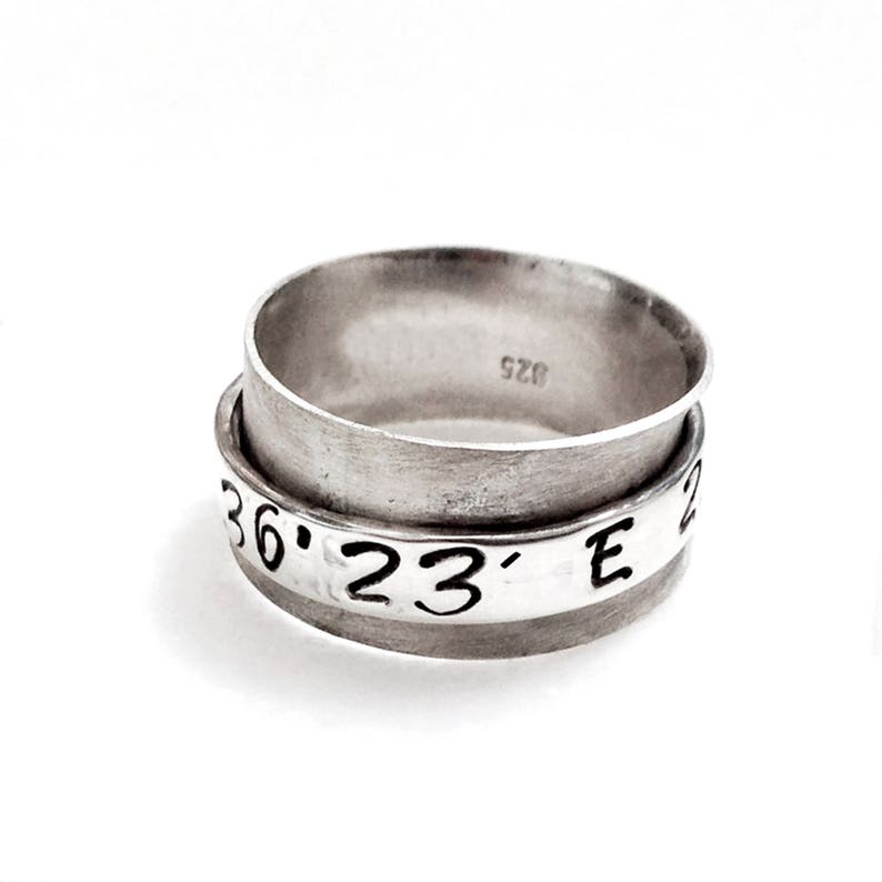 Personalized Coordinates Wide Band Ring, Personalized Jewelry, Men/Women Spinner Ring, Personalized Gift, Silver Custom Hand Stamped Ring image 2