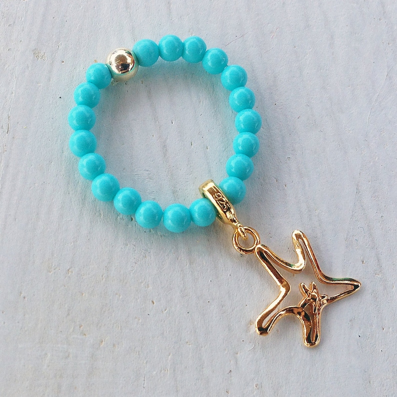 Turquoise Ring Stretch Beaded Ring Gold Starfish Charm - Etsy