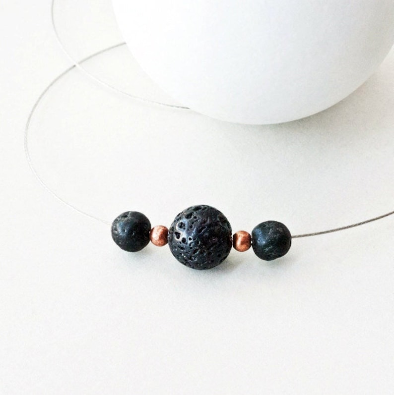 Black Lava Stone and Copper Minimalist Geometric Necklace, Simple Everyday Necklace for Him or Her, Lava Jewelry image 1