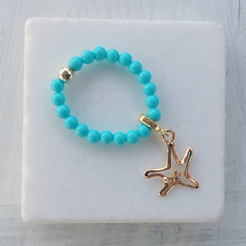 Turquoise Ring Stretch Beaded Ring Gold Starfish Charm - Etsy