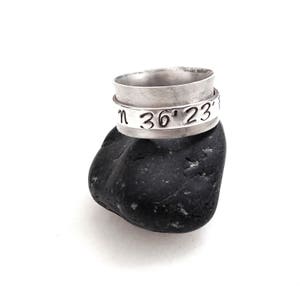 Personalized Coordinates Wide Band Ring, Personalized Jewelry, Men/Women Spinner Ring, Personalized Gift, Silver Custom Hand Stamped Ring image 4