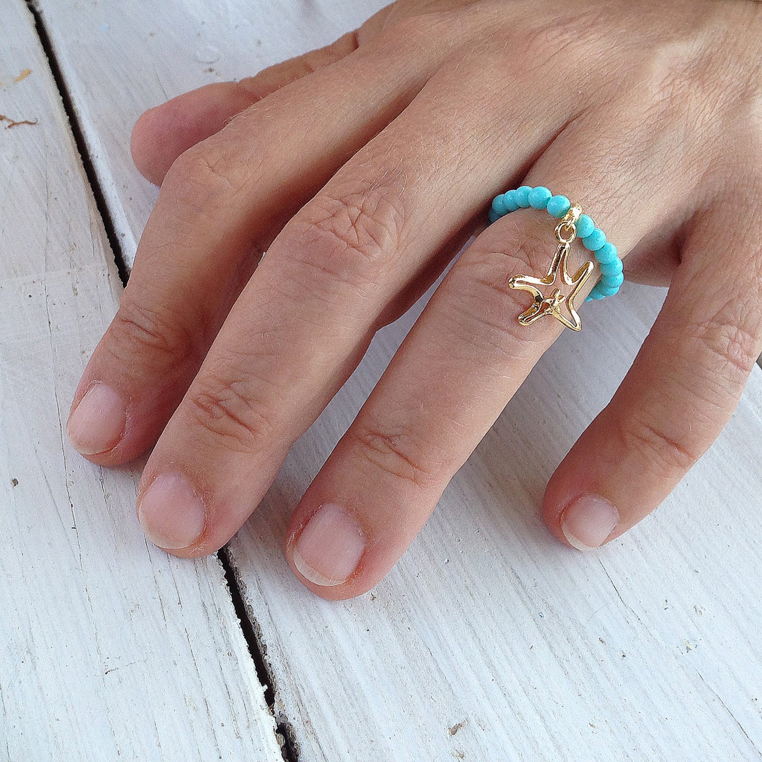 Turquoise Ring Stretch Beaded Ring Gold Starfish Charm | Etsy