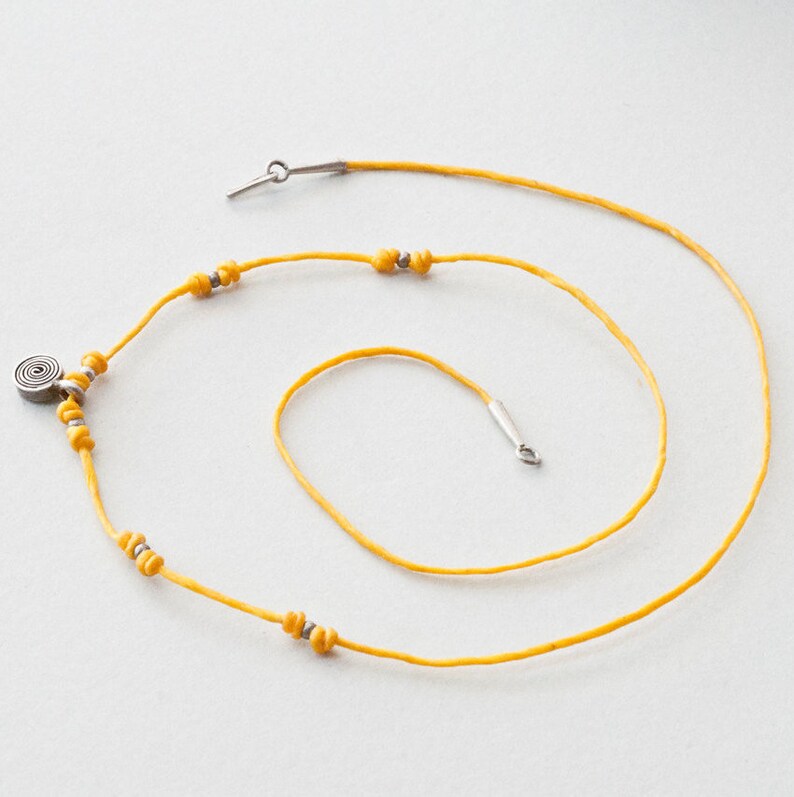 Sterling Silver Spiral Charm on Thin Yellow Thread Dainty Necklace, Minimalist Necklace for Men and Women image 2