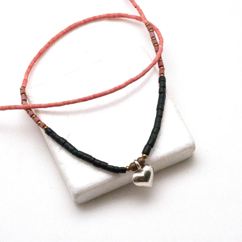 Red Coral and Black Onyx Thin Necklace with Sterling Silver Heart Charm, Delicate Unisex Gemstone Necklace, Love and Valentine Gift image 1