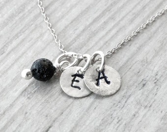 Sterling Silver Monogram Charm Necklace and Black Lava  Stone Charm on Sterling Silver Chain, Personalized Gift for Him or Her