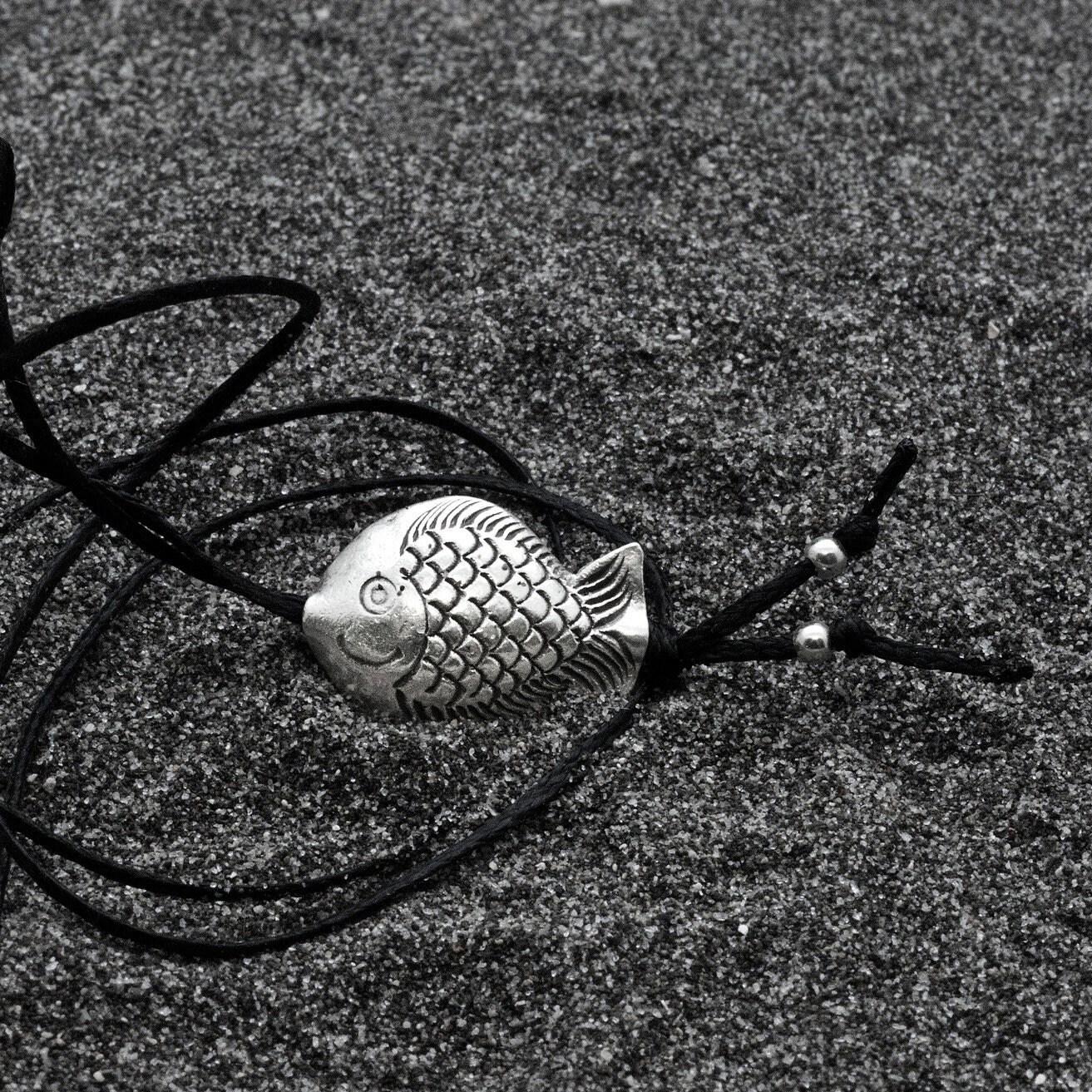 Long Necklace with Sterling Silver Fish on Black Thread, Men and Woman Adjustable Necklace, Pisces Zodiac Sign Statement Necklace