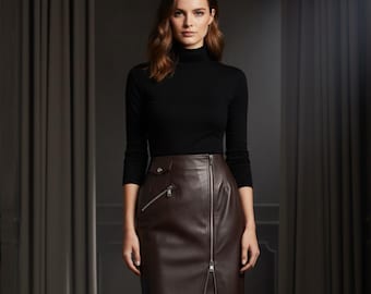 Genuine Leather Straight Midi Skirt | High Waist Back Zipper Closure Skirt | Dark Brown Smooth Panel Bottoms | Structured Women Wear