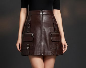 Brown Genuine Leather Cargo Skirt | High Waist Mini Skirt | Front Zipper Utility Pockets Women Wear | Structured Daily Fit  Bottoms