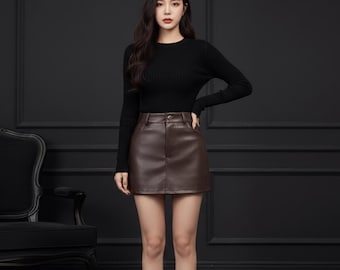 Brown Genuine Leather Mini Skirt | High Waist Straight Fit Bottom wear | Smooth Finish Structured Panel  Comfort Use Daily Women Wear