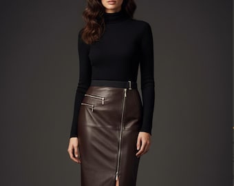 Genuine Leather High Waist Front Zipper Midi Skirt | Adjustable Belted Waist Fit | Utility Pocket Panel Skirt | Structured Daily Women Wear