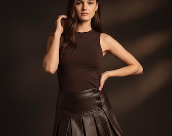 Genuine Leather Flared Panel Short Skirt | Structured High Waist Fit Design Mini Skirt | Smooth Finish  Dark Brown Daily Women Wear