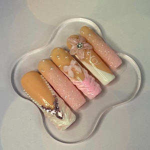 Long Square French Tip Embellished Nails/Pink Sparkle/3D Art