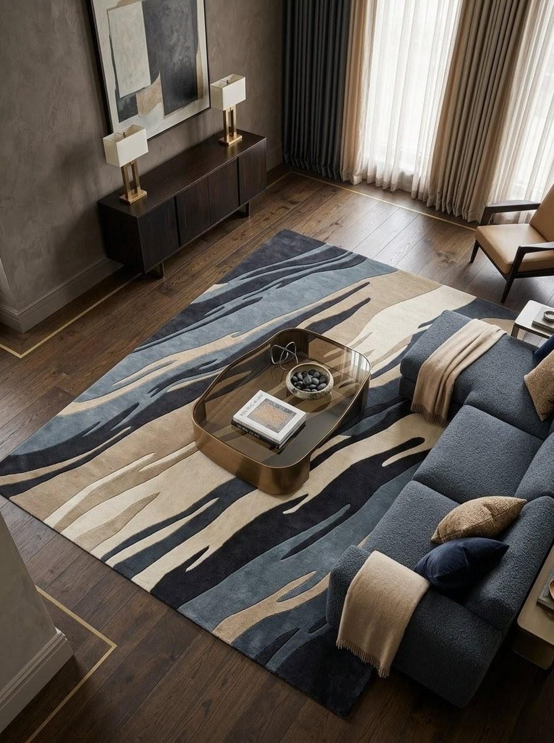 Blue Abstract Wool Rug 8x10 Hand Tufted Modern Living Room Carpet ...