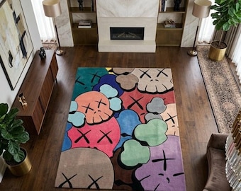 Kaws Hypebeast Rug 5x8 Hand Tufted New Zealand Wool Area Rug Contemporary Abstract Art Carpet Large Colorful Statement Rug for Kids Room