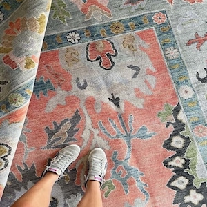 Hand Knotted Oushak Wool Rug Coral Floral Vintage Luxury Living Room