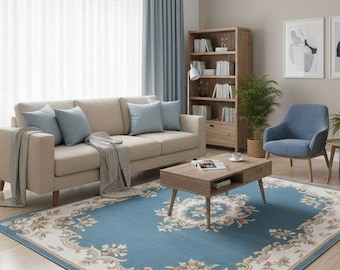 Luxus Blauer Teppich mit Blumenmuster, Handgetufteter Wollteppich, Vintage Medaillon Beige Teppich, Wohnzimmer Statement Teppich 200x300 9x12