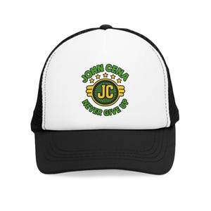 John Cena Inspired Never Give Up 70s Retro Mesh Trucker Hat WWE Fan Adjustable Cap Gift for Sports Events Outdoor Summer Style