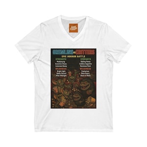 Horror Movie Showdown Tee, Fun Graphic T-Shirt, Gifts for Movie Lovers, Gremlins vs Critters at the Movies, Unisex V-Neck Tee