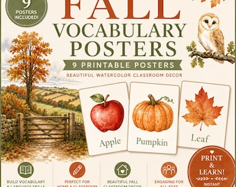 Fall Watercolor Vocabulary Posters | Autumn Classroom Decor (PDF Download)