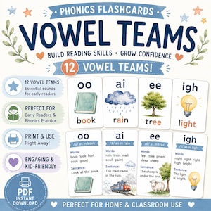 May include: Phonics flashcards titled Vowel Teams featuring 12 educational cards with illustrations like a book, rain cloud, tree, and lightbulb. The cards display vowel combinations, example words, and sentences to assist with reading skills.