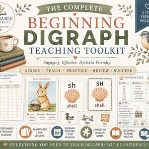 May include: The Complete Beginning Digraph Teaching Toolkit includes educational materials for reading instruction. It features a stack of books, a coffee mug, a bird illustration, flashcards with a bunny, seashells, and text.