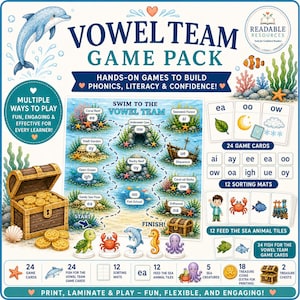 May include: Vowel Team Game Pack educational set featuring a board game with an underwater theme, 24 game cards, 12 sorting mats, 12 feed the sea animal tiles, 24 fish cards, 18 treasure coins, and 2 treasure chests with colorful illustrations.