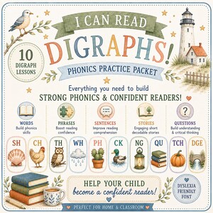 May include: An educational phonics practice packet titled I CAN READ DIGRAPHS featuring 10 lessons. The cover displays a lighthouse, a bird, and illustrations for digraphs like SH, CH, TH, WH, PH, CK, NG, QU, TCH, and DGE. Includes a stack of books and a mug.