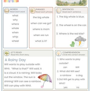 May include: A WH practice educational worksheet featuring a rainbow illustration, a landscape scene, and sections for words, phrases, sentences, and a short story titled A Rainy Day. The page includes comprehension questions and a progress tracker with stars.