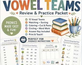 Vowel Teams Phonics Practice Packet | 25 Pages, Multi-Sensory Activities (Digital Download)