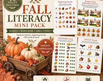 Fall Literacy Mini Pack | Beginning Sounds, CVC Words, Syllables (Printable)