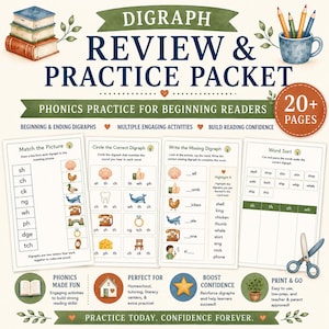 May include: A Digraph Review & Practice Packet educational resource featuring phonics worksheets for beginning readers. The packet includes activities like matching pictures, circling digraphs, writing missing letters, and word sorting exercises.