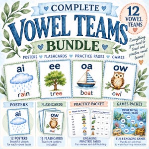 May include: A Complete Vowel Teams Bundle educational set featuring 12 posters, flashcards, practice pages, and games. The design includes illustrations of a rain cloud, tree, sailboat, and owl with corresponding text labels for phonics learning.
