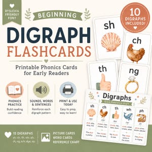Può includere: Set di flashcard Beginning Digraph per chi inizia a leggere. Include 10 digrammi con illustrazioni ad acquerello di una conchiglia, un pollo, un pollice, un anello e una balena, oltre a una tabella di riferimento rapido e font per dislessici.