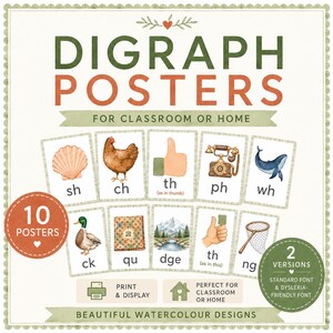 May include: A set of 10 educational digraph posters featuring watercolor illustrations of a shell, chicken, thumb, phone, whale, duck, quilt, mountain, hand, and net. The text includes DIGRAPH POSTERS, FOR CLASSROOM OR HOME, and 10 POSTERS.