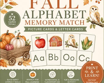 Fall Alphabet Matching Game Printable | Alphabet Memory Match Cards | Beginning Sounds Activity