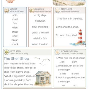 May include: An educational worksheet titled SH PRACTICE featuring sections for words, phrases, and sentences. It includes illustrations of a seashell, a beach scene, a lighthouse, and a small shop. The text focuses on the 'sh' sound with reading exercises, a short story titled The Shell Shop, and a comprehension quiz.