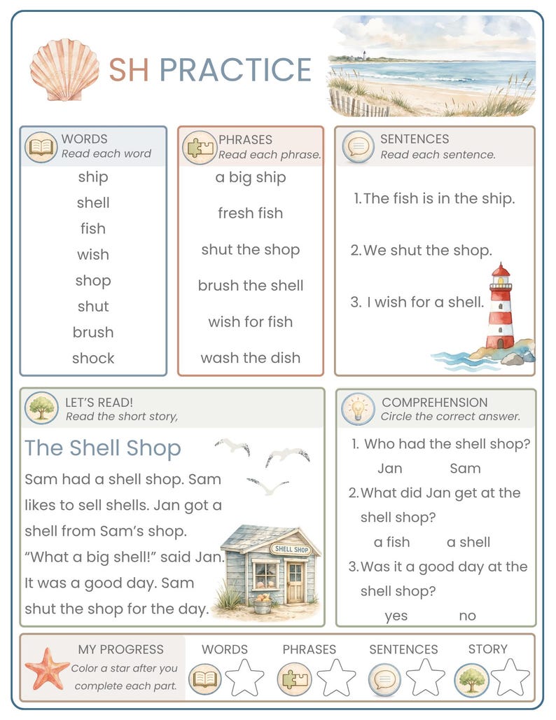 May include: An educational worksheet titled SH PRACTICE featuring sections for words, phrases, and sentences. It includes illustrations of a seashell, a beach scene, a lighthouse, and a small shop. The text focuses on the 'sh' sound with reading exercises, a short story titled The Shell Shop, and a comprehension quiz.