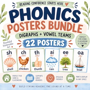 Peut inclure: Un ensemble de 22 affiches éducatives sur la phonétique avec des illustrations à l'aquarelle. Le texte indique Reading Confidence Starts Here, Phonics Posters Bundle, Digraphs + Vowel Teams, 22 Posters, avec des exemples comme shell, chicken, thumb, rain, tree et boat.