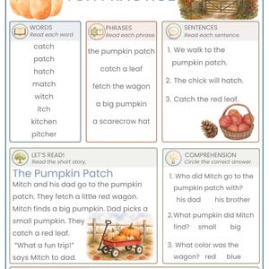 May include: An educational worksheet titled TCH PRACTICE featuring a pumpkin illustration, a rural landscape, and a list of words, phrases, and sentences containing the TCH sound. It includes a short story titled The Pumpkin Patch and comprehension questions.