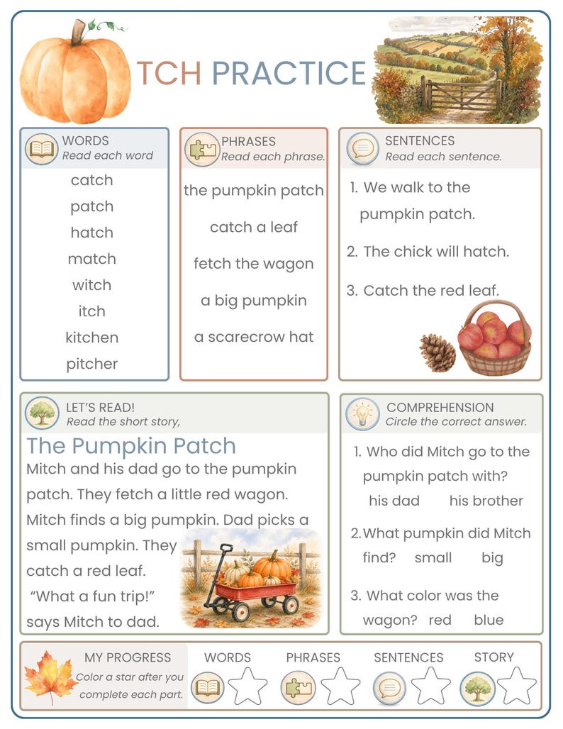 May include: An educational worksheet titled TCH PRACTICE featuring a pumpkin illustration, a rural landscape, and a list of words, phrases, and sentences containing the TCH sound. It includes a short story titled The Pumpkin Patch and comprehension questions.