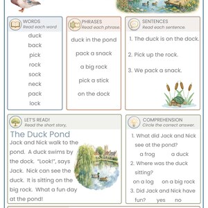 May include: An educational worksheet titled CK PRACTICE featuring a mallard duck illustration, a pond scene, and sections for words, phrases, and sentences. It includes a short story titled The Duck Pond, comprehension questions, and a progress tracker.