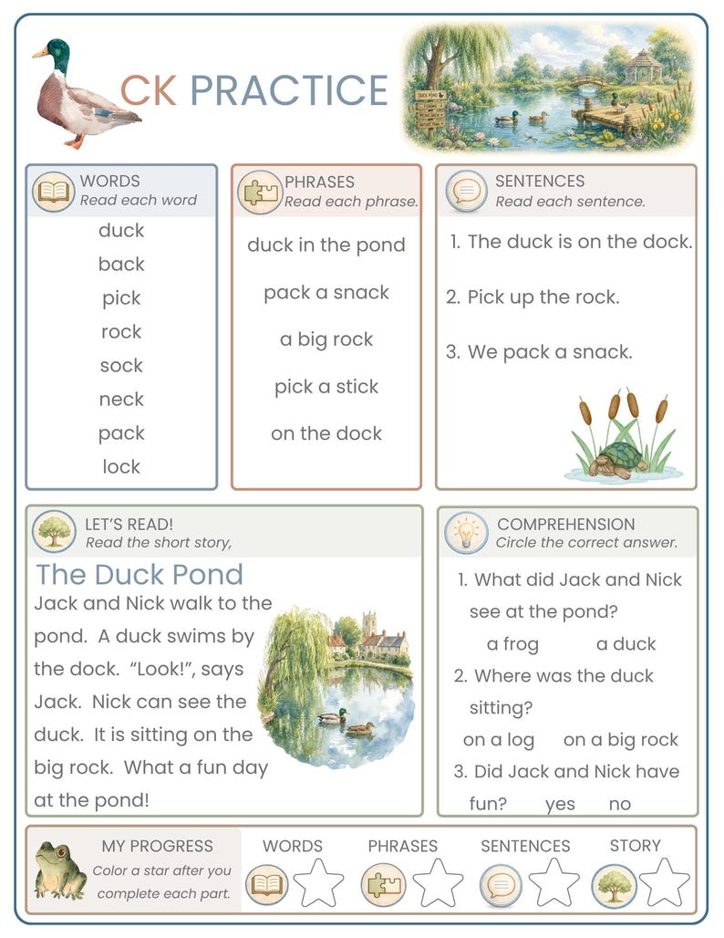 May include: An educational worksheet titled CK PRACTICE featuring a mallard duck illustration, a pond scene, and sections for words, phrases, and sentences. It includes a short story titled The Duck Pond, comprehension questions, and a progress tracker.