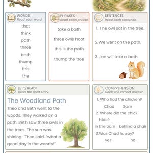 May include: An educational worksheet titled TH PRACTICE featuring sections for words, phrases, and sentences. It includes illustrations of an owl, a forest path, a squirrel with an acorn, and a mushroom. The text includes reading exercises and comprehension questions about a story called The Woodland Path.