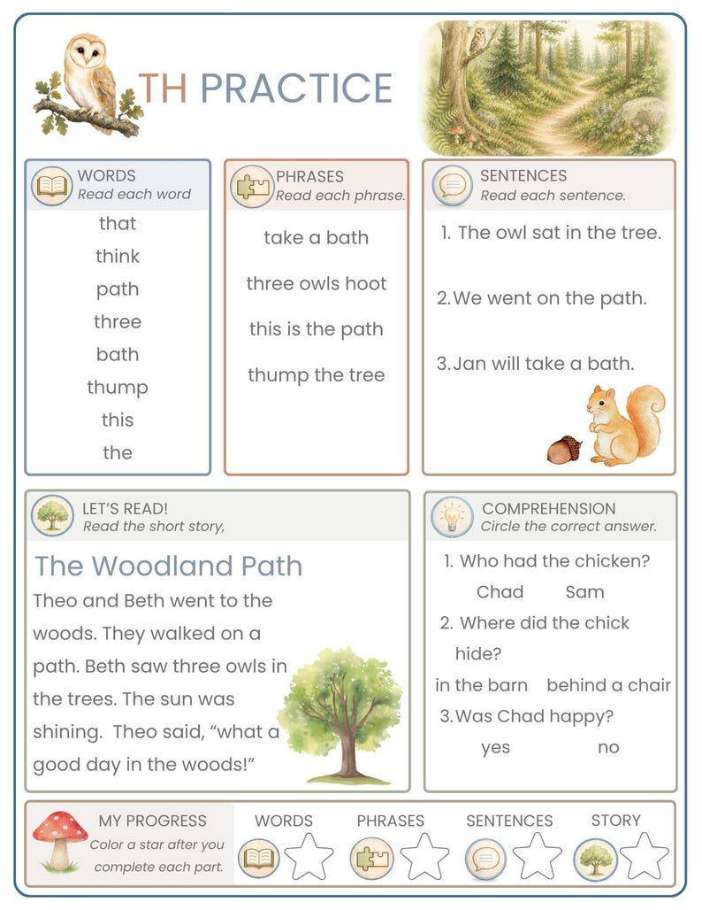 May include: An educational worksheet titled TH PRACTICE featuring sections for words, phrases, and sentences. It includes illustrations of an owl, a forest path, a squirrel with an acorn, and a mushroom. The text includes reading exercises and comprehension questions about a story called The Woodland Path.