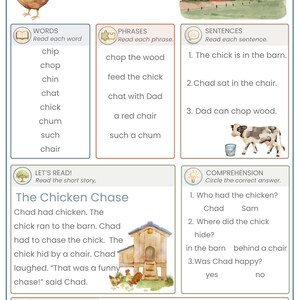 May include: An educational worksheet titled CH PRACTICE featuring a brown hen, a farm landscape, and a cow illustration. It includes lists of words, phrases, and sentences containing the 'ch' sound, a short story titled The Chicken Chase, and a comprehension section.