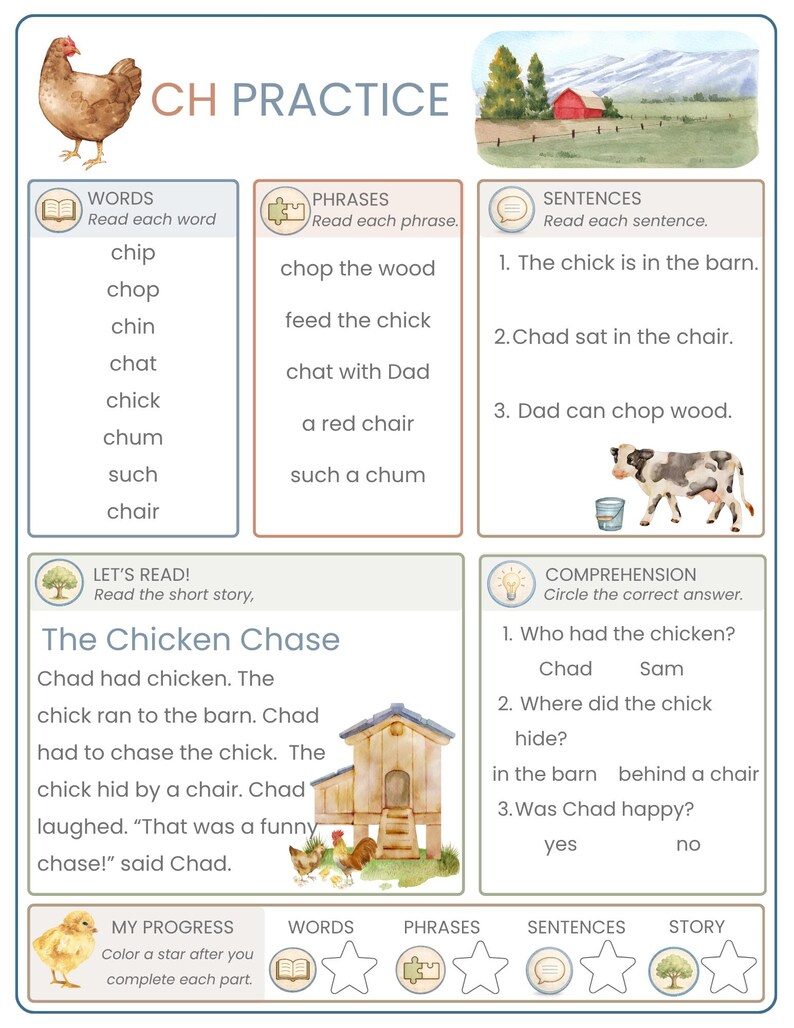 May include: An educational worksheet titled CH PRACTICE featuring a brown hen, a farm landscape, and a cow illustration. It includes lists of words, phrases, and sentences containing the 'ch' sound, a short story titled The Chicken Chase, and a comprehension section.
