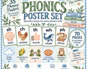 Complete Phonics Poster Set | 35 Patterns, Watercolor Illustrations (Digital Download)