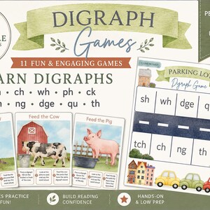 Peut inclure: Un ensemble de jeux éducatifs sur les digraphes avec une bannière intitulée DIGRAPH Games, une liste de digraphes incluant sh, ch, wh, ph, ck, tch, ng, dge, qu, th, et trois cartes sur le thème des animaux Feed the Bunny, Feed the Cow, Feed the Pig.